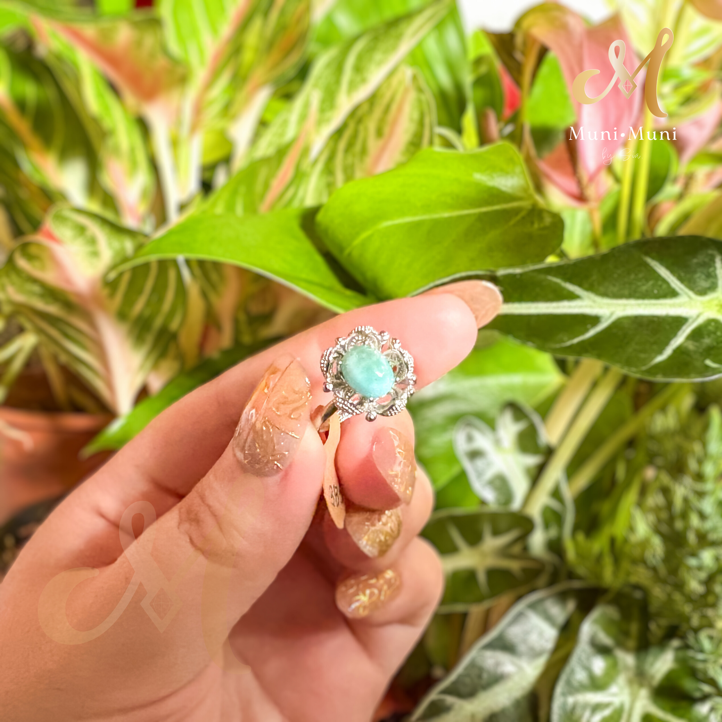 Larimar Flower Style in Silver-Plated Ring