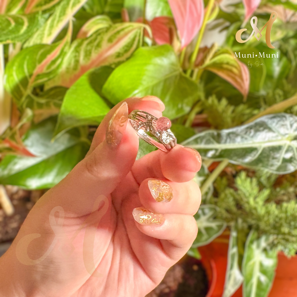 Strawberry Quartz Stud with Dragonfly Design in Silver-Plated Ring