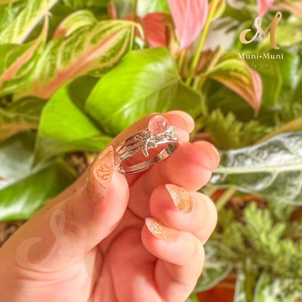 Strawberry Quartz Stud with Dragonfly Design in Silver-Plated Ring