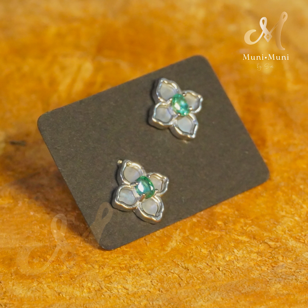 Green Emerald with Mother of Pearl Lucky Clover Earrings