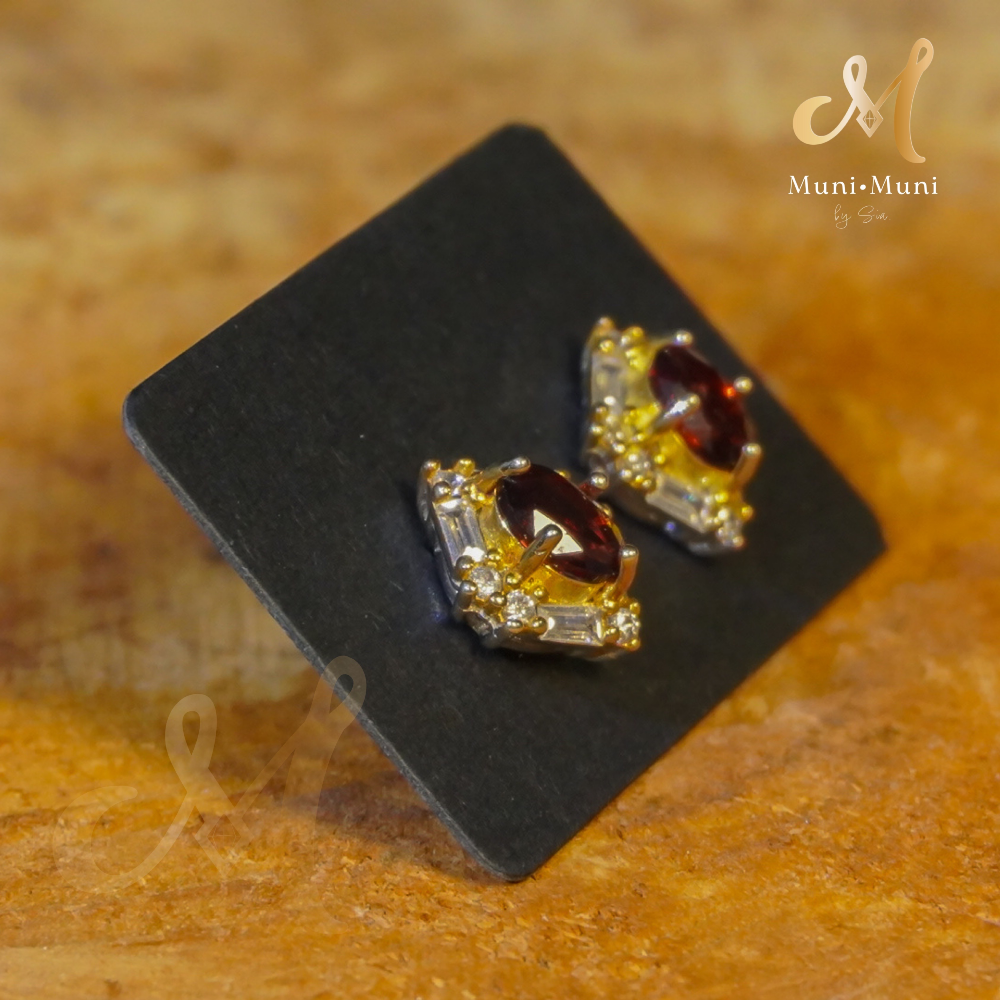 Red Garnet Oval Cut Diamond Style Two Tone Earrings