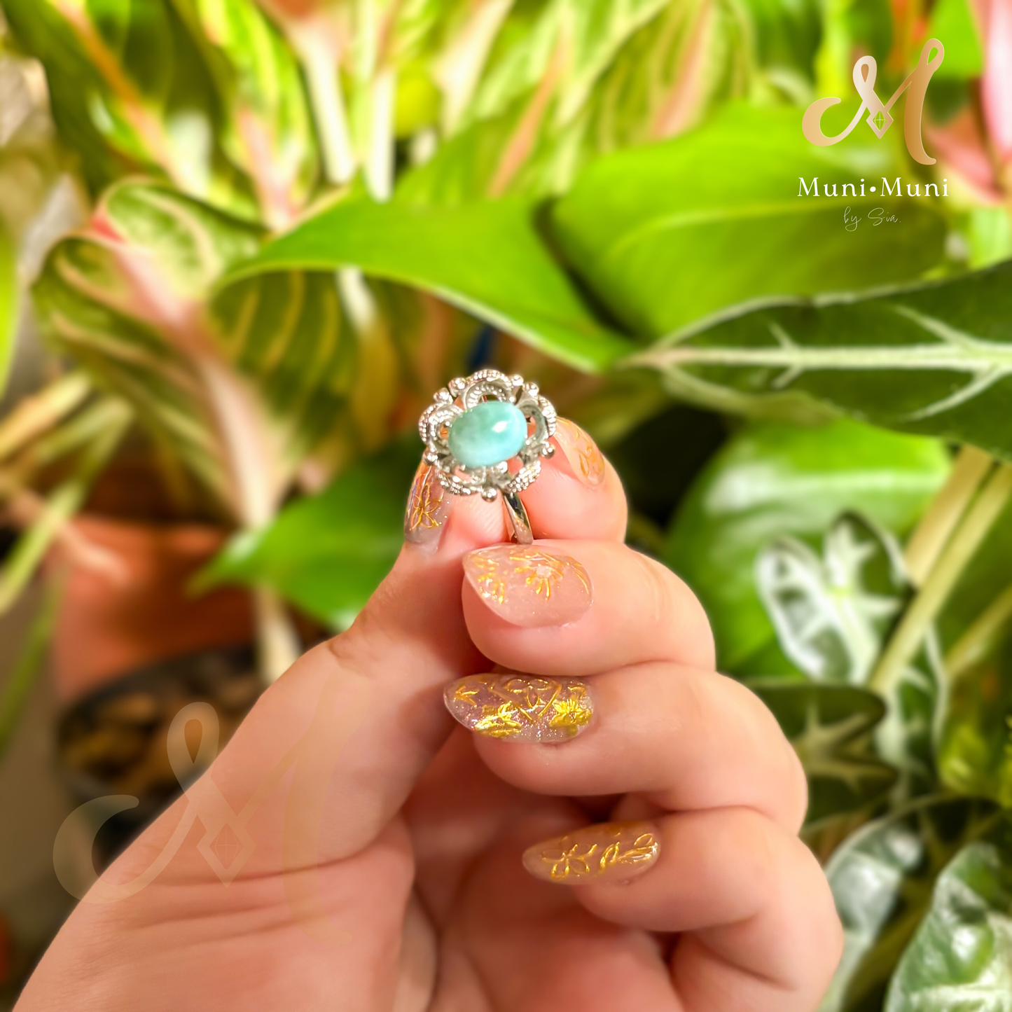 Larimar Flower Style in Silver-Plated Ring