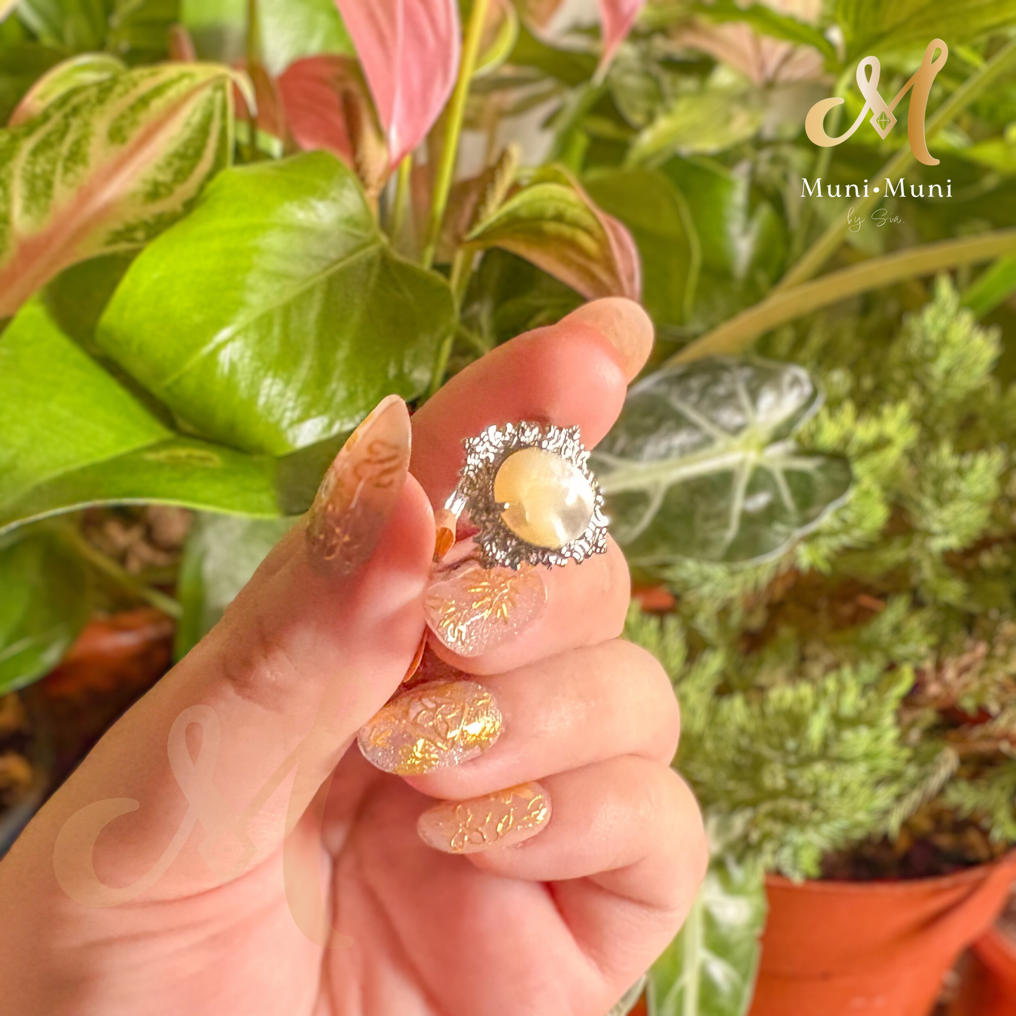 White Moonstone Oval Cut Floral Style in Silver Plated Ring