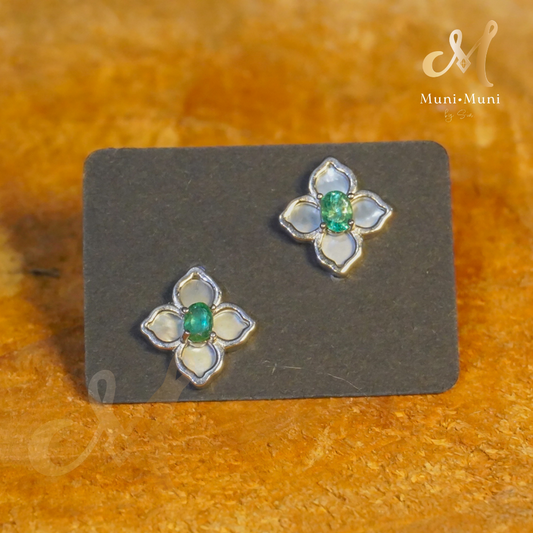 Green Emerald with Mother of Pearl Lucky Clover Earrings