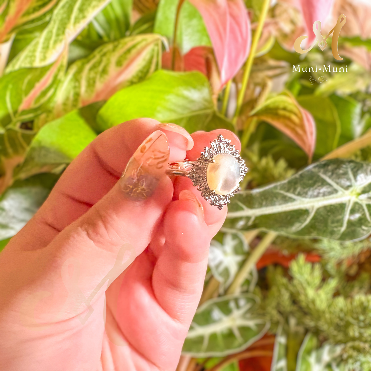 White Moonstone Oval Cut Floral Style in Silver Plated Ring