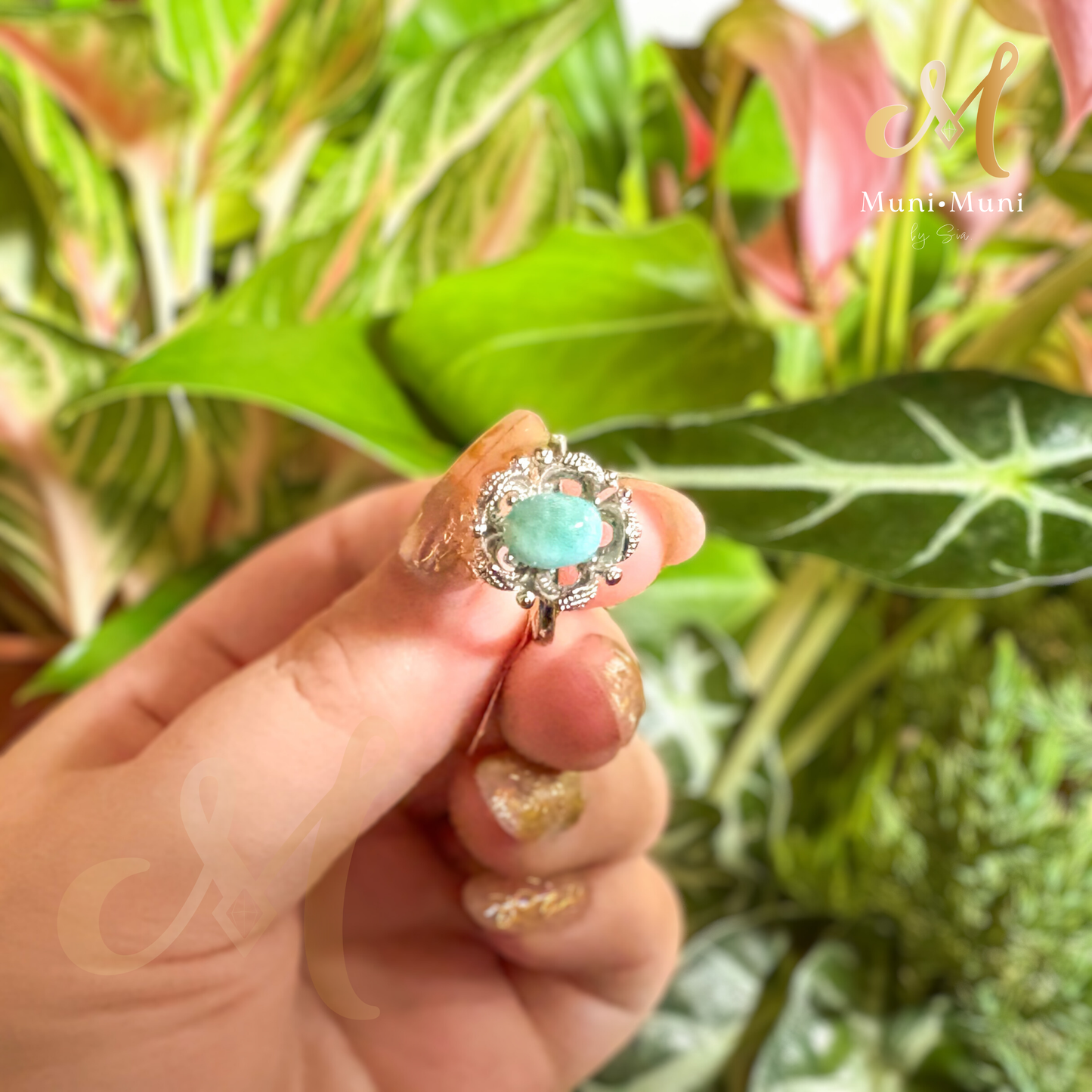 Larimar Flower Style in Silver-Plated Ring