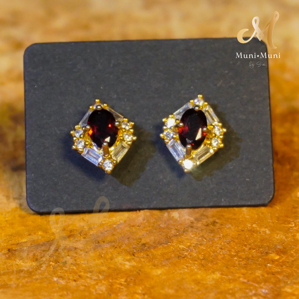 Red Garnet Oval Cut Diamond Style Two Tone Earrings