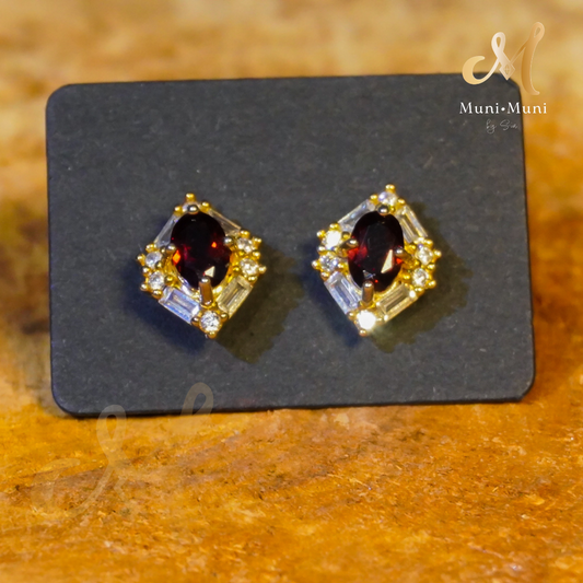 Red Garnet Oval Cut Diamond Style Two Tone Earrings