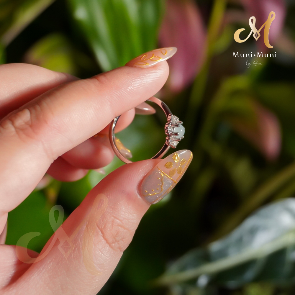 Blue Water Jade Stud Floral Style in Silver-Plated Ring