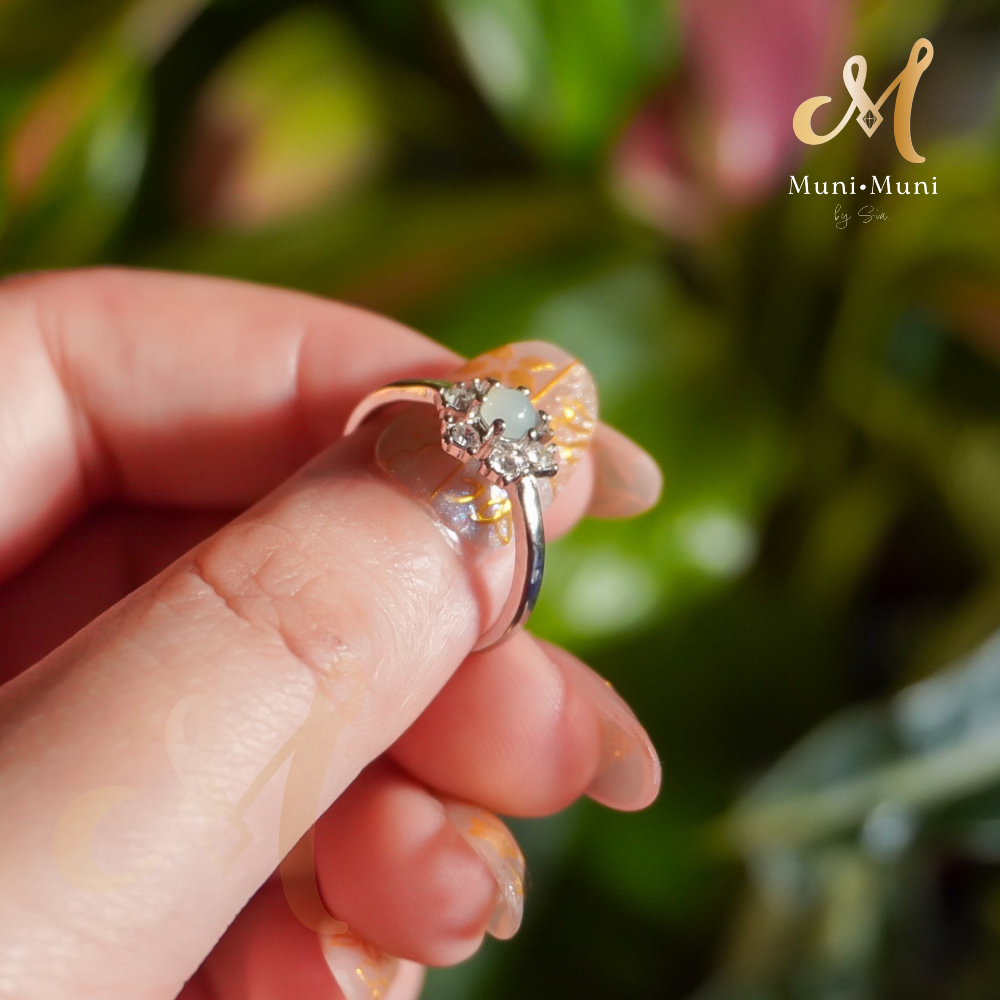 Blue Water Jade Stud Floral Style in Silver-Plated Ring