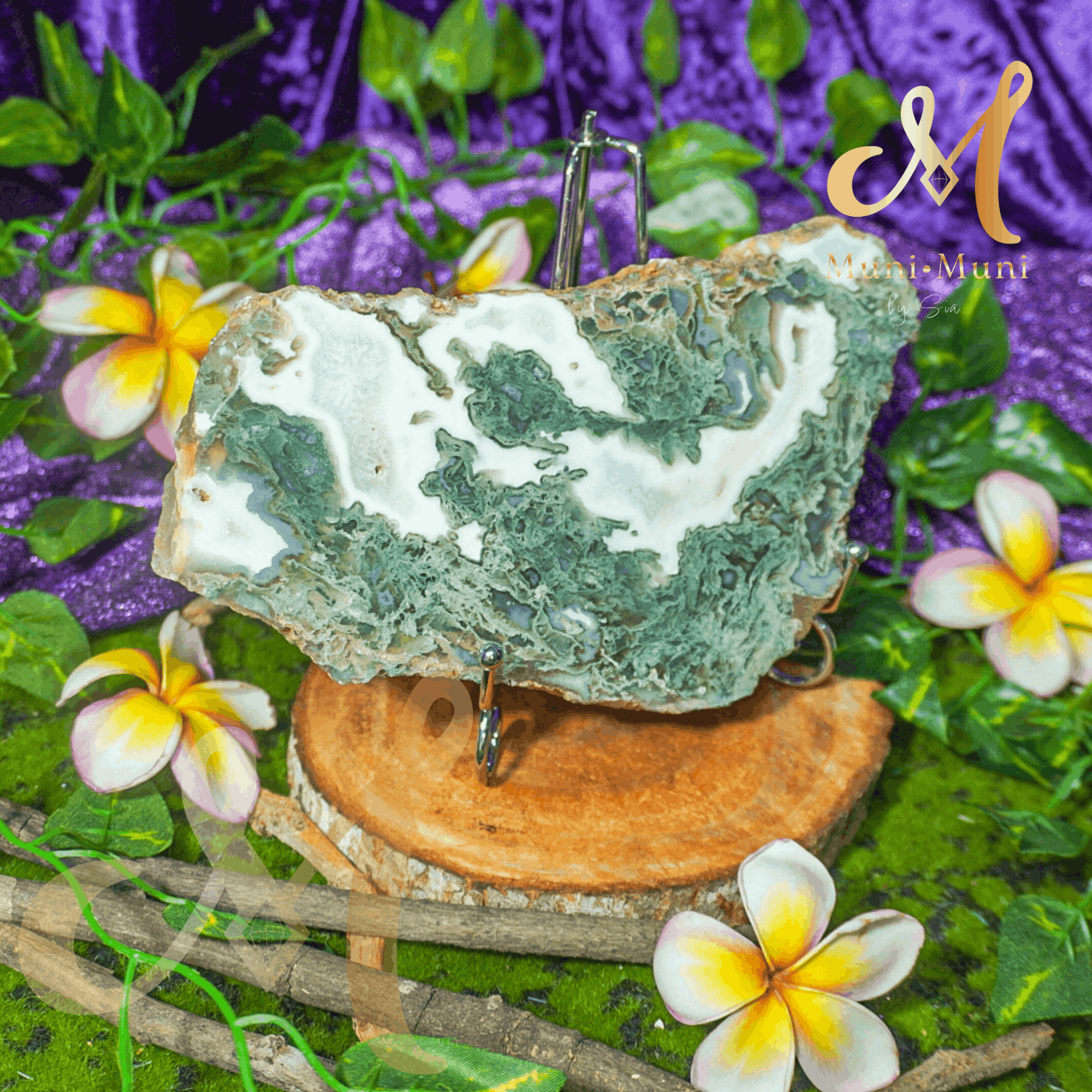 Moss Agate Natural Crystal Druzy Slab with Stand