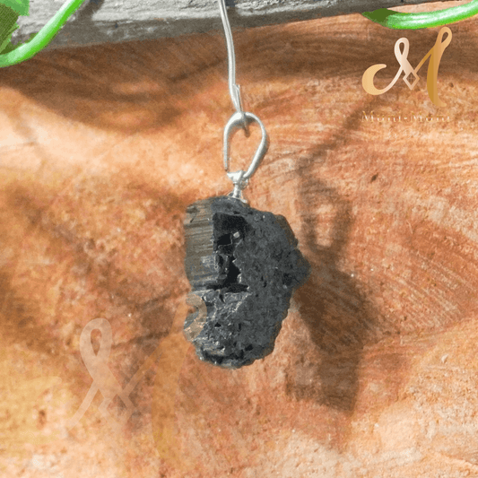 Raw Black Tourmaline Natural Crystal Pendant in S925 Clasp