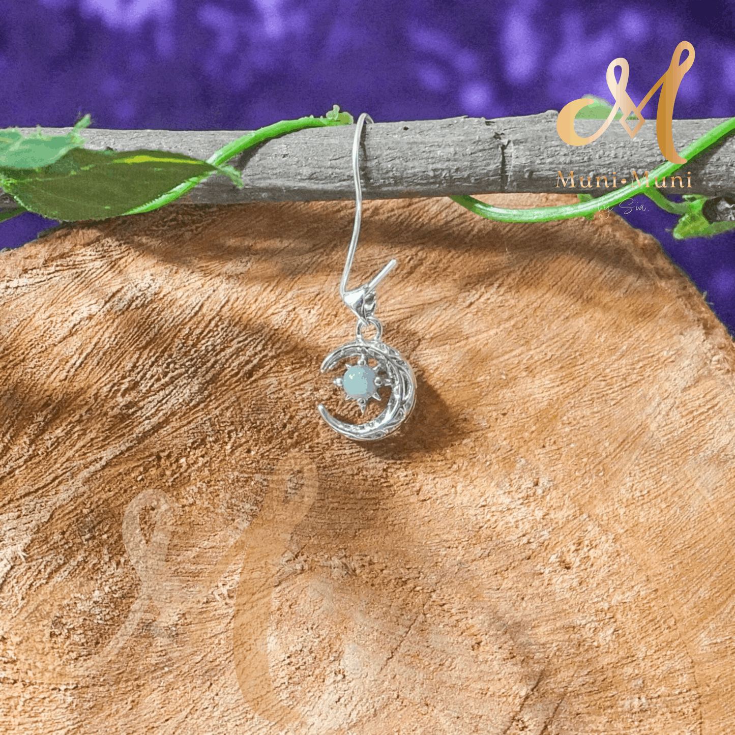 Larimar Natural Crystal Pendant in Silver-Plated Crescent Moon Design