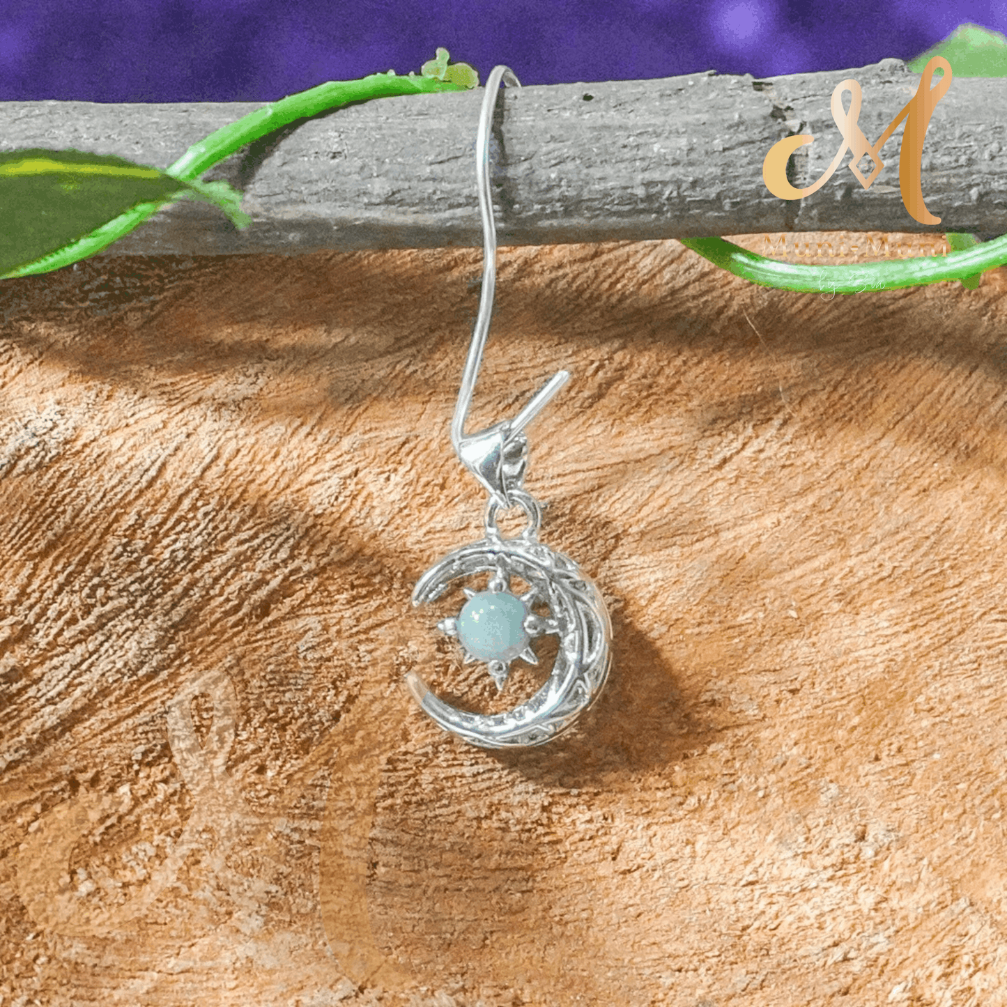Larimar Natural Crystal Pendant in Silver-Plated Crescent Moon Design