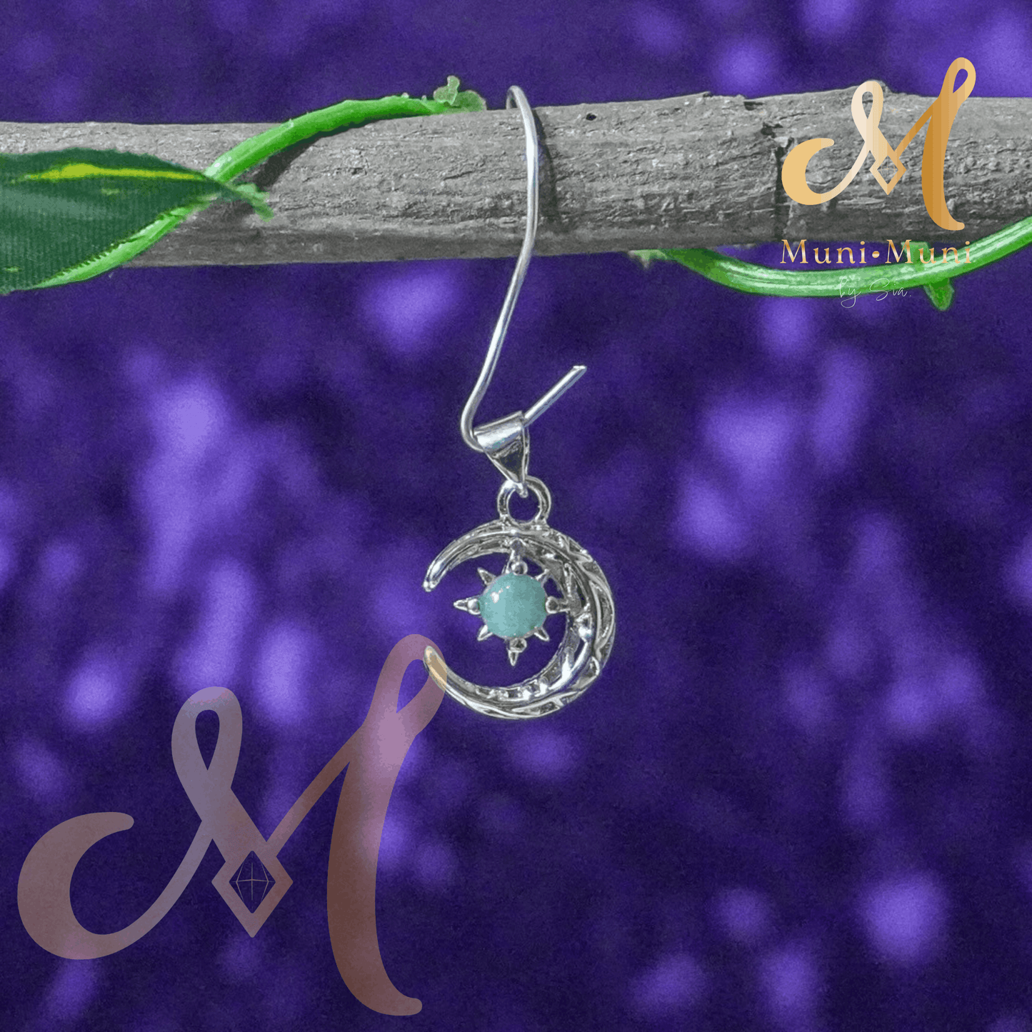 Larimar Natural Crystal Pendant in Silver-Plated Crescent Moon Design