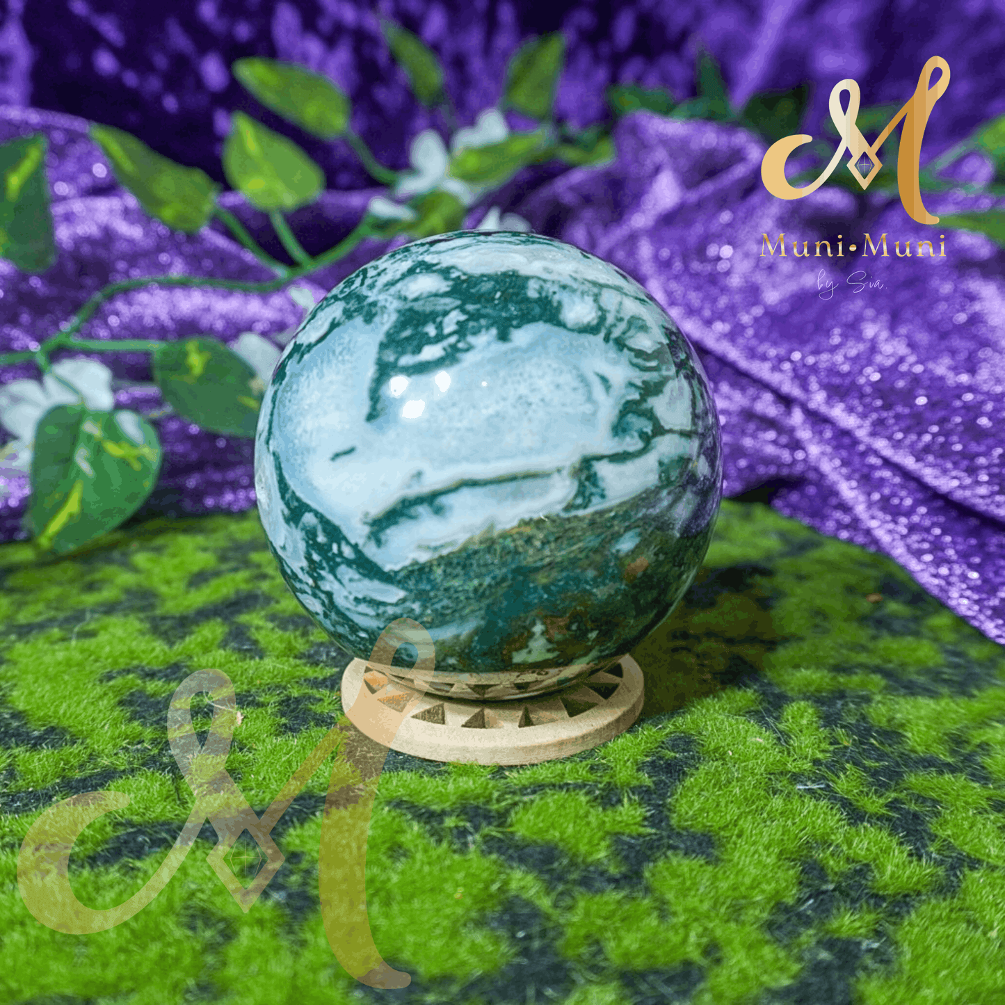 Moss Agate Natural Crystal Sphere Statement Piece