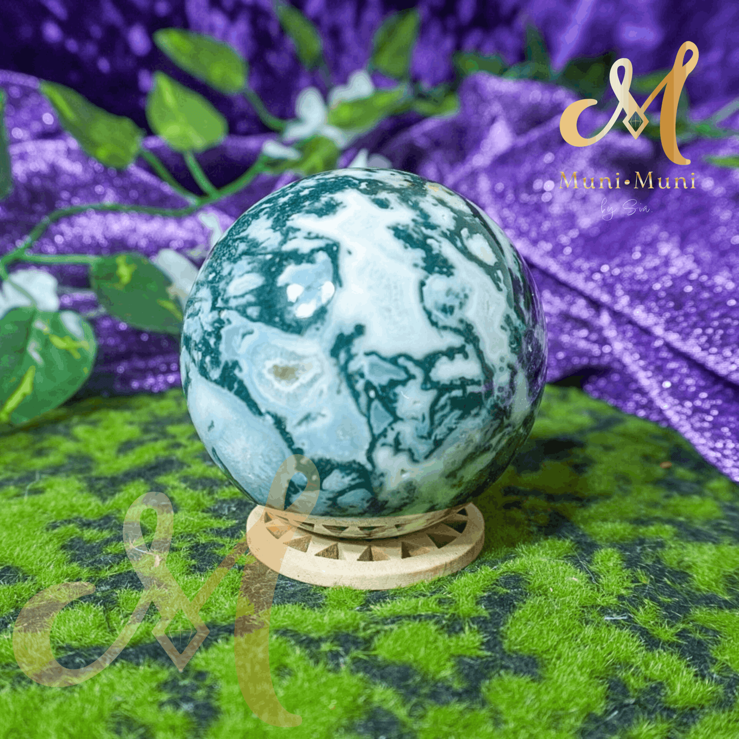 Moss Agate Natural Crystal Sphere Statement Piece