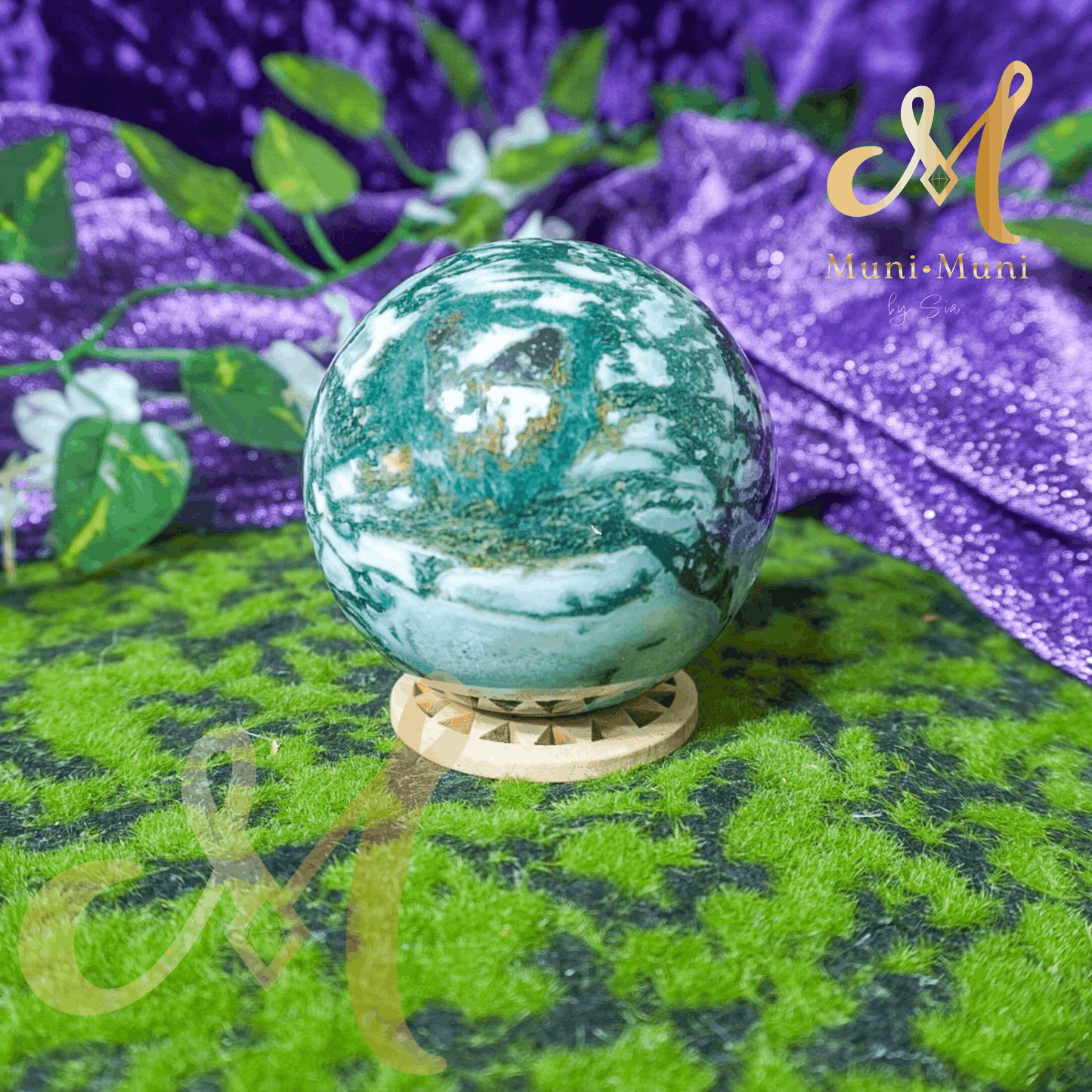 Moss Agate Natural Crystal Sphere Statement Piece