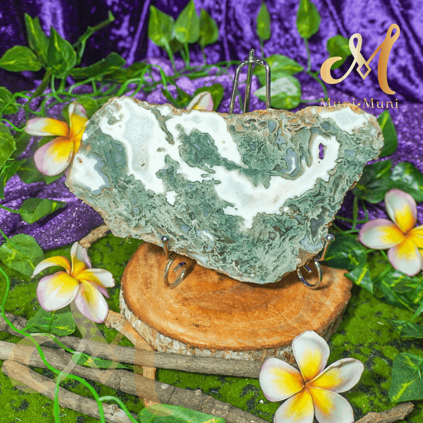 Moss Agate Natural Crystal Druzy Slab with Stand