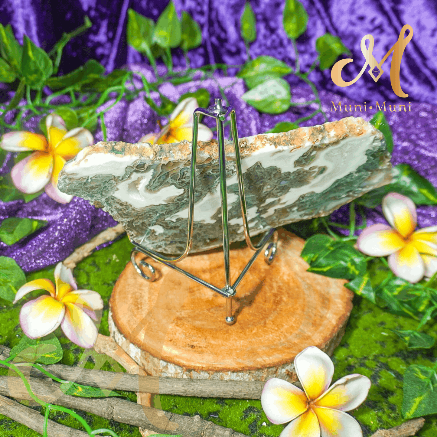 Moss Agate Natural Crystal Druzy Slab with Stand