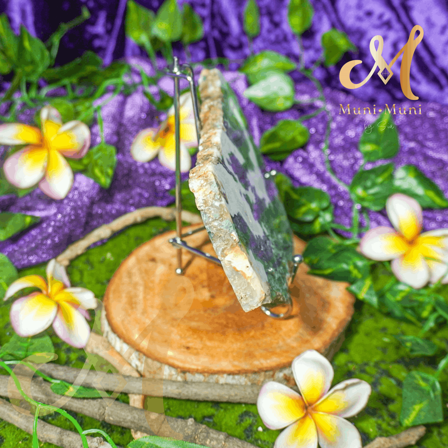 Moss Agate Natural Crystal Druzy Slab with Stand