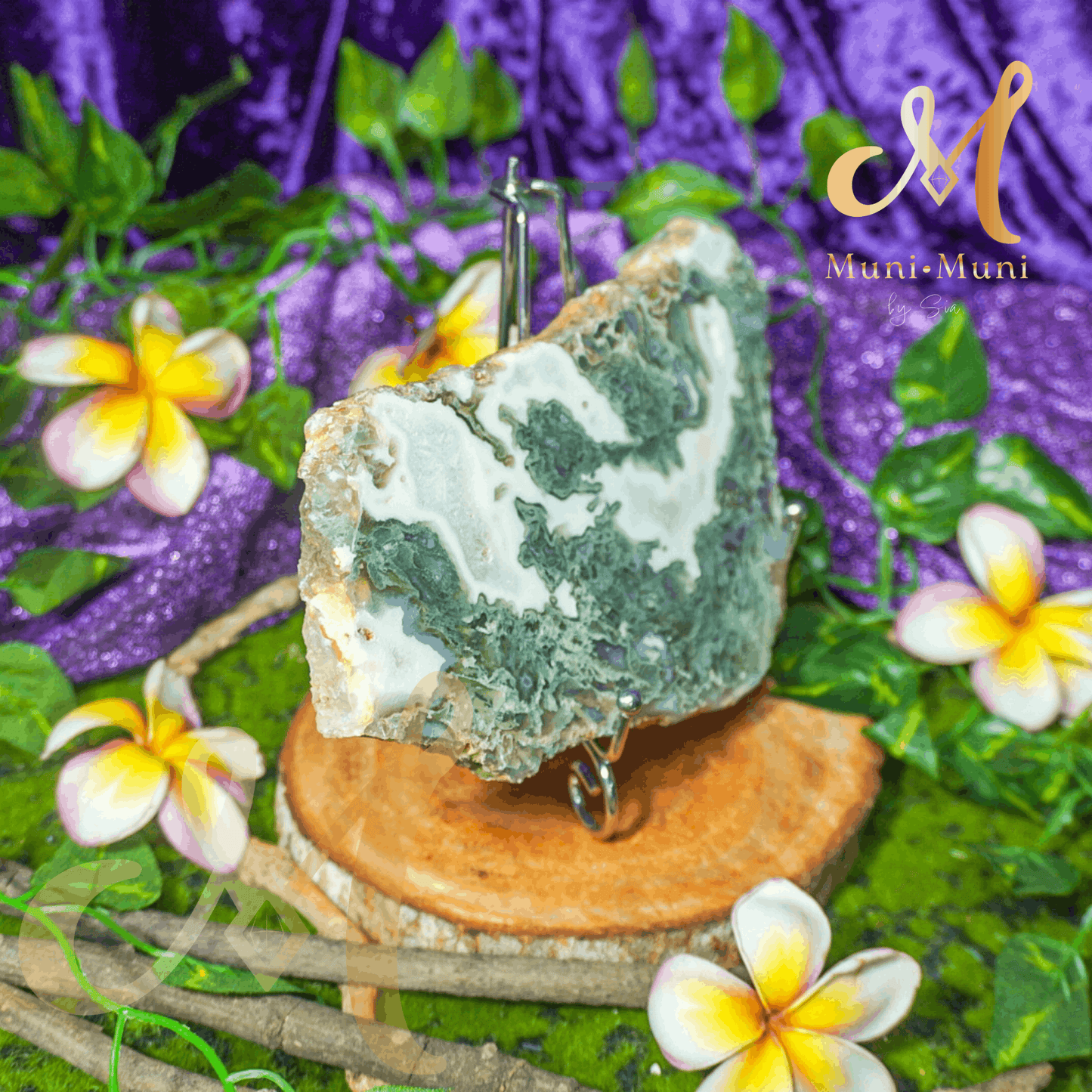Moss Agate Natural Crystal Druzy Slab with Stand