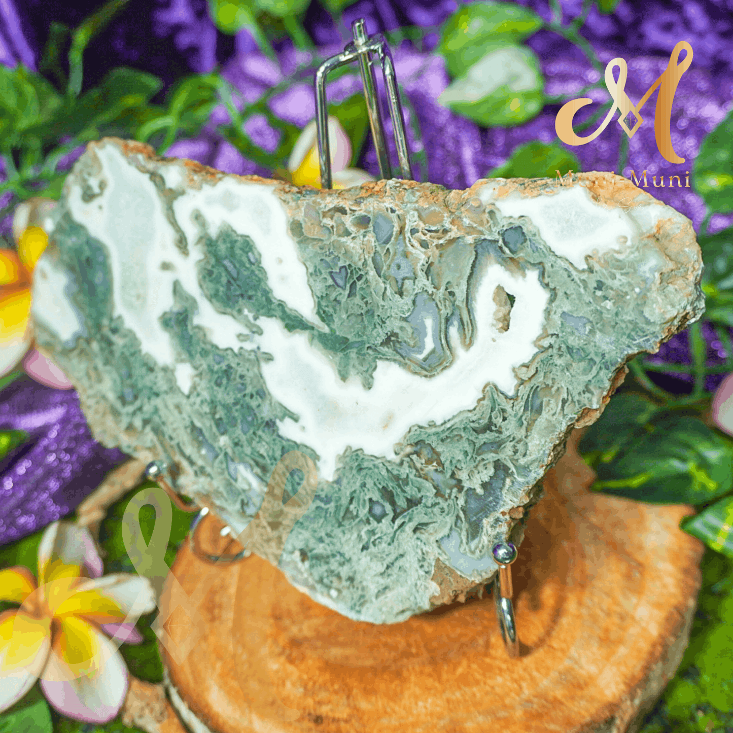 Moss Agate Natural Crystal Druzy Slab with Stand