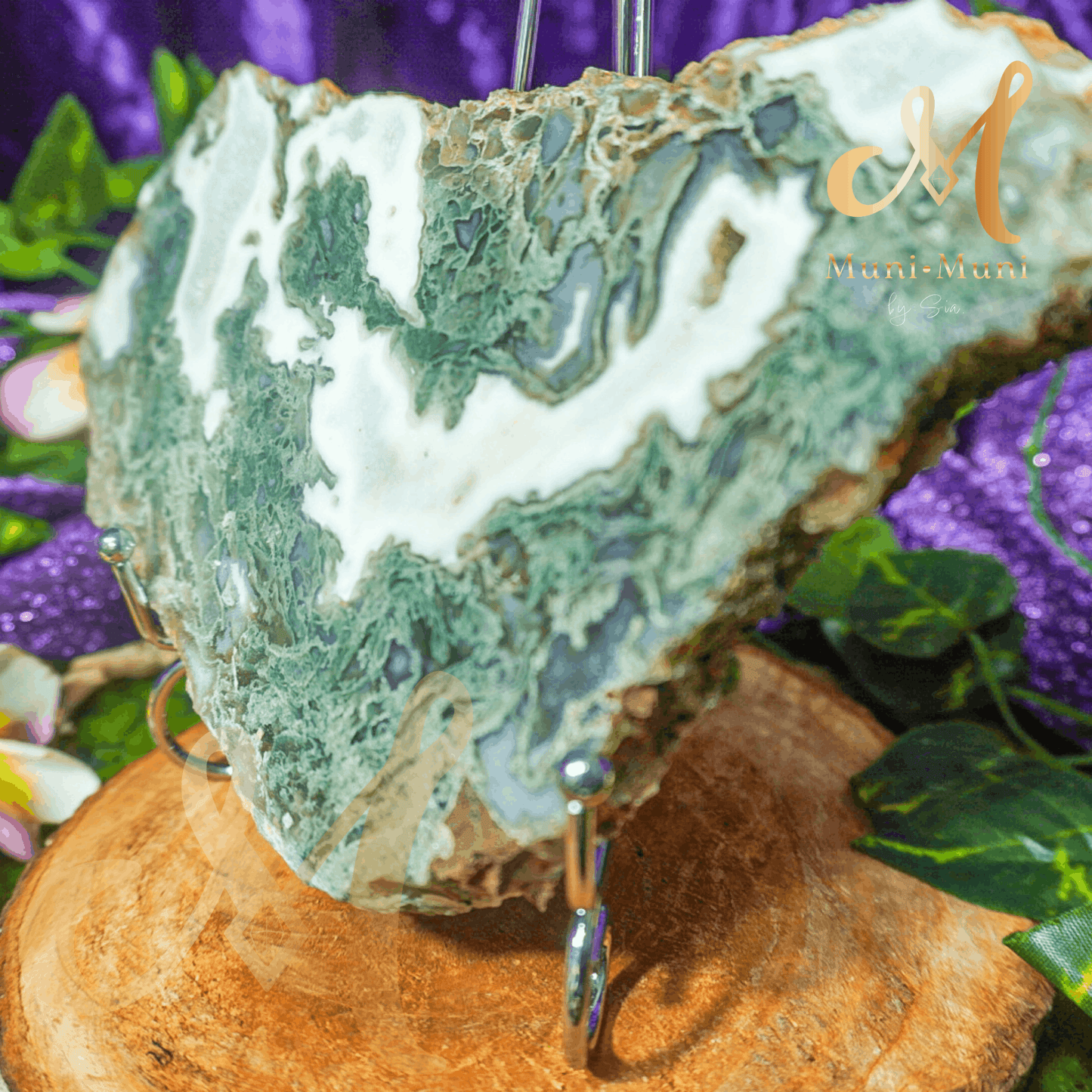 Moss Agate Natural Crystal Druzy Slab with Stand